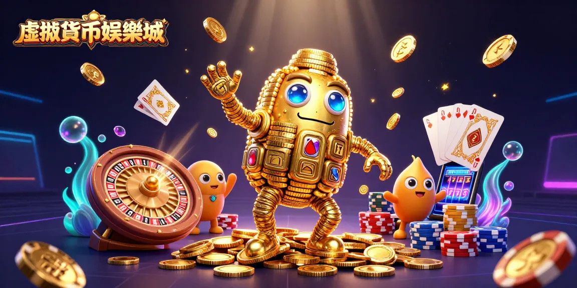 虛擬貨幣娛樂城的動態3D插圖,展示金幣巨人和遊戲元素,超現實的賭博體驗。