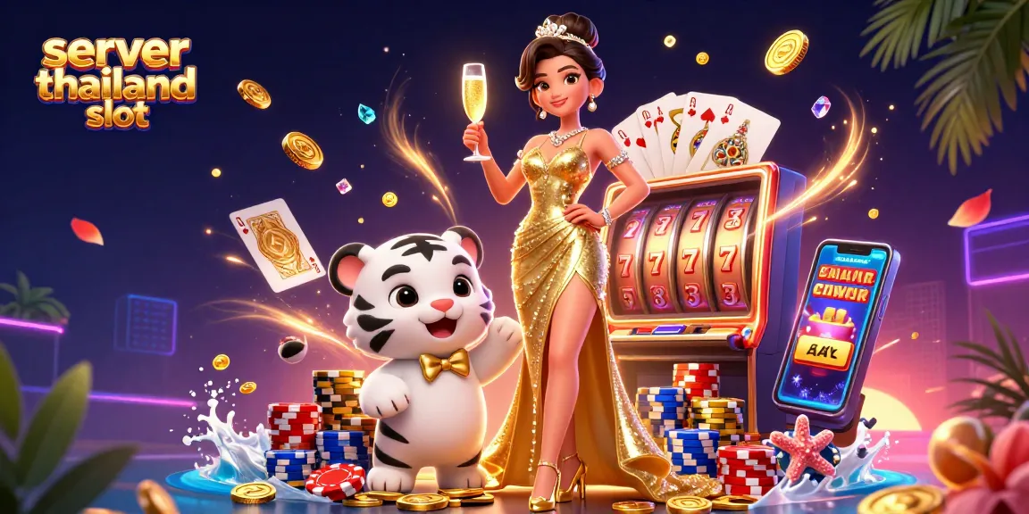 Spin the reels at server thailand slot with excitement, featuring a glamorous woman and a lucky white tiger.