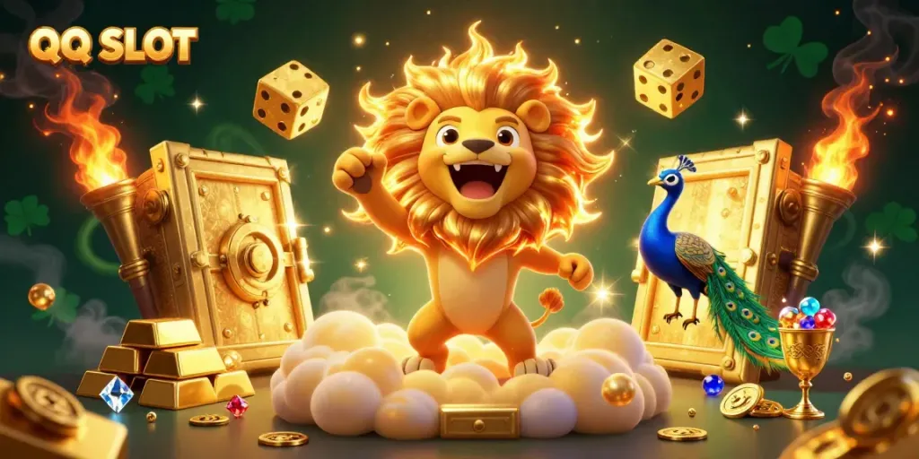 Experience thrilling QQ SLOT gaming with an energetic lion and dazzling visuals.