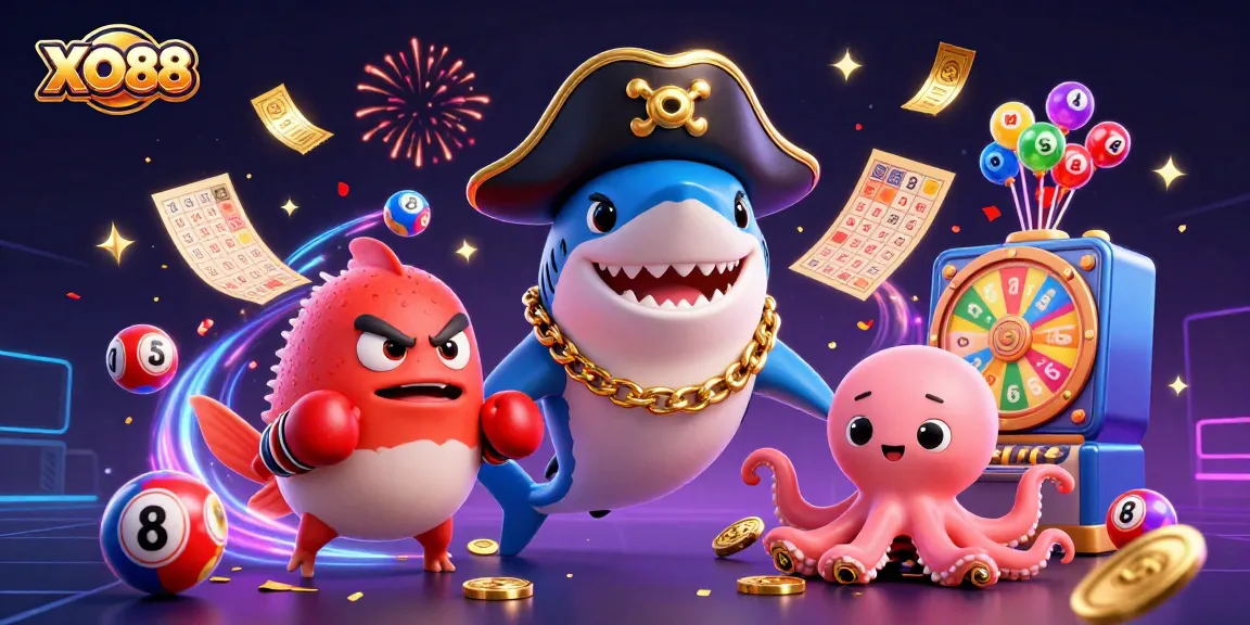 Join the fun with XO88 as the pirate shark and friends celebrate gambling excitement with colorful lottery balls.