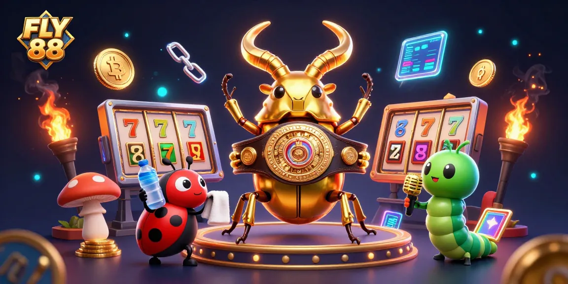 Spin to Win with FLY 88's giant golden stag beetle amid vibrant casino excitement.