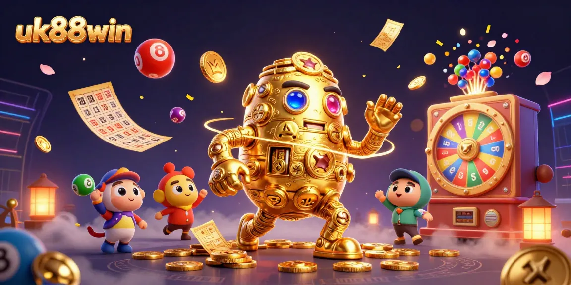 Experience the thrill of uk88win as colorful lottery balls bounce around golden golem character.