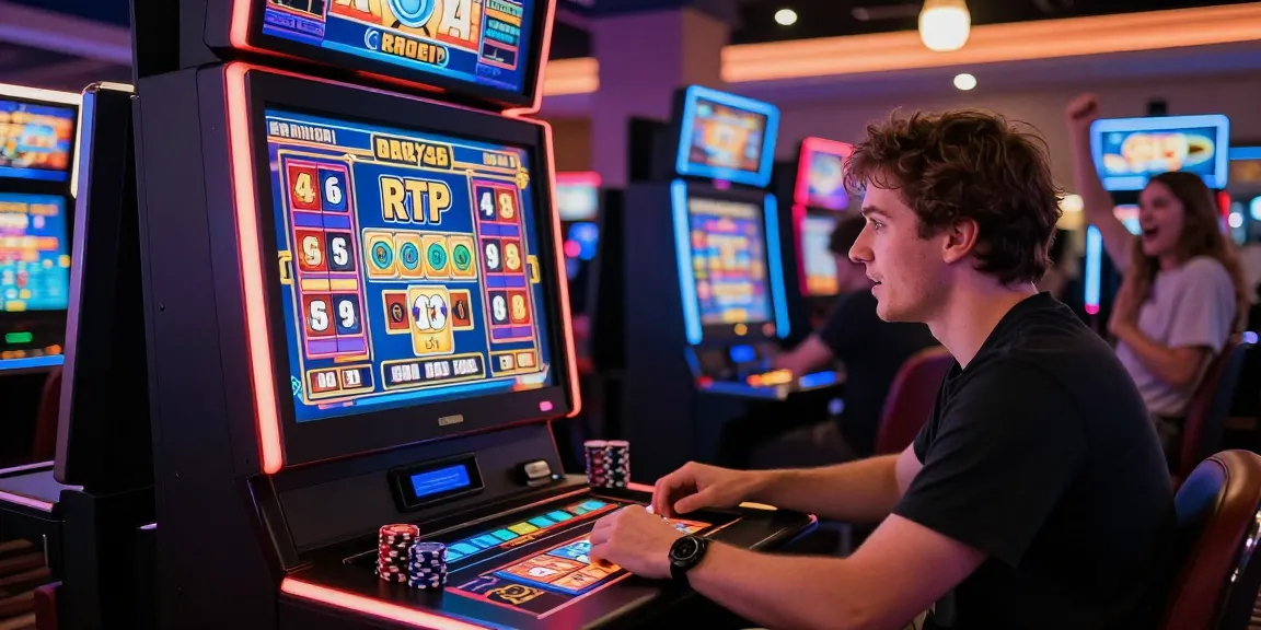 Player immersed in RTP slot resmi gameplay surrounded by lively casino atmosphere.