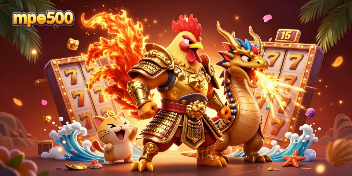 MPO500 captivates viewers as a rooster warrior and dragon celebrate big wins amidst vibrant slot reels.