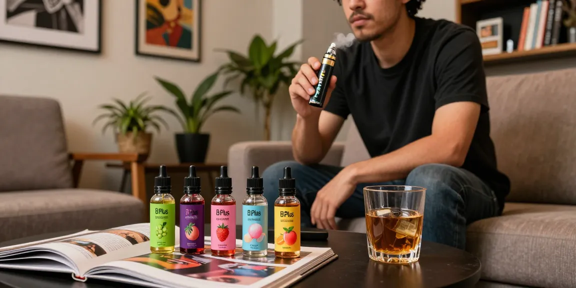 Experience the ultimate in vaping with B Plus (Bizarro) Incense E-liquid 5ml, featuring vibrant flavors in a cozy lounge.