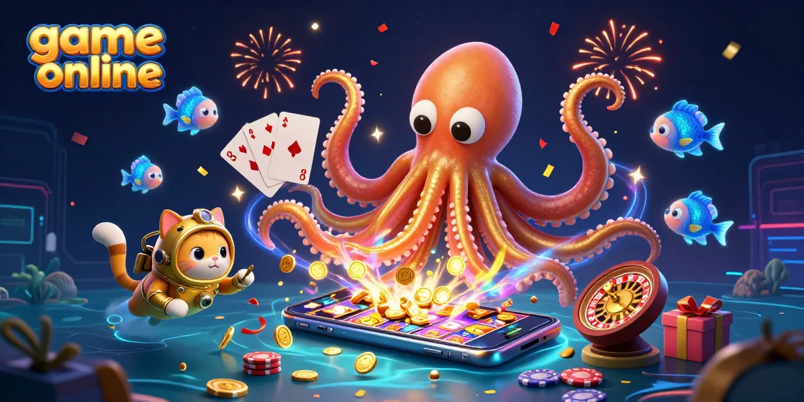 Experience thrilling game online action with a colossal kraken and a diving cat amid rich casino elements.