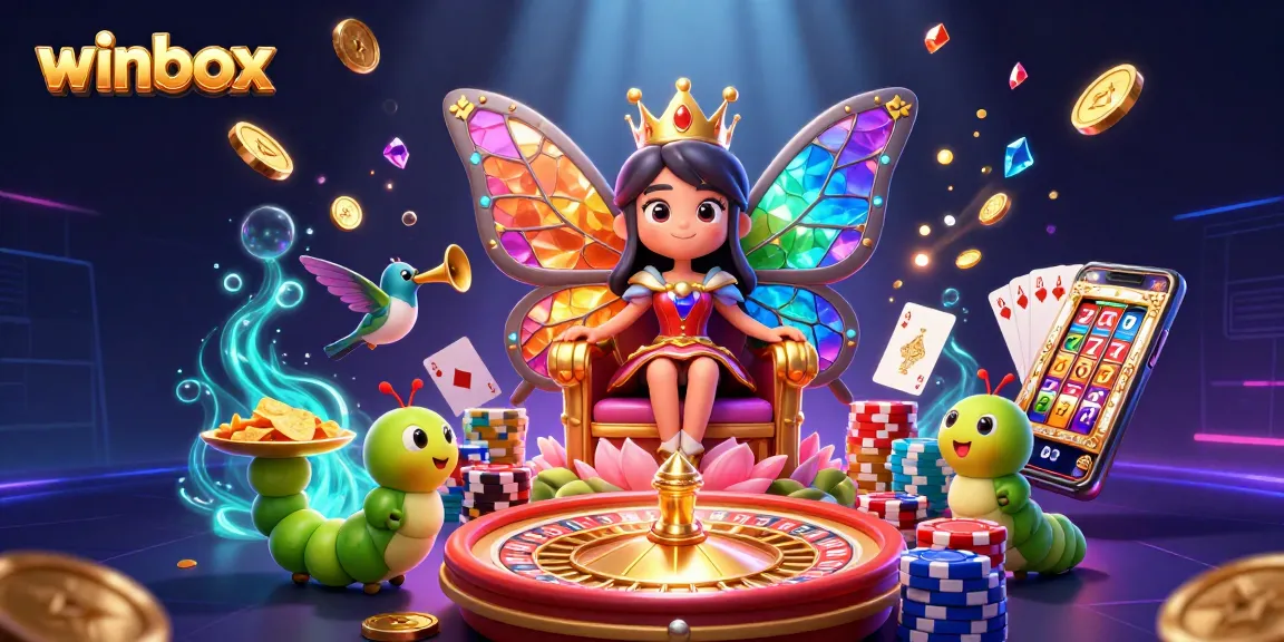 Winbox brings excitement alive with a vibrant casino scene featuring colorful characters and dynamic gambling action.