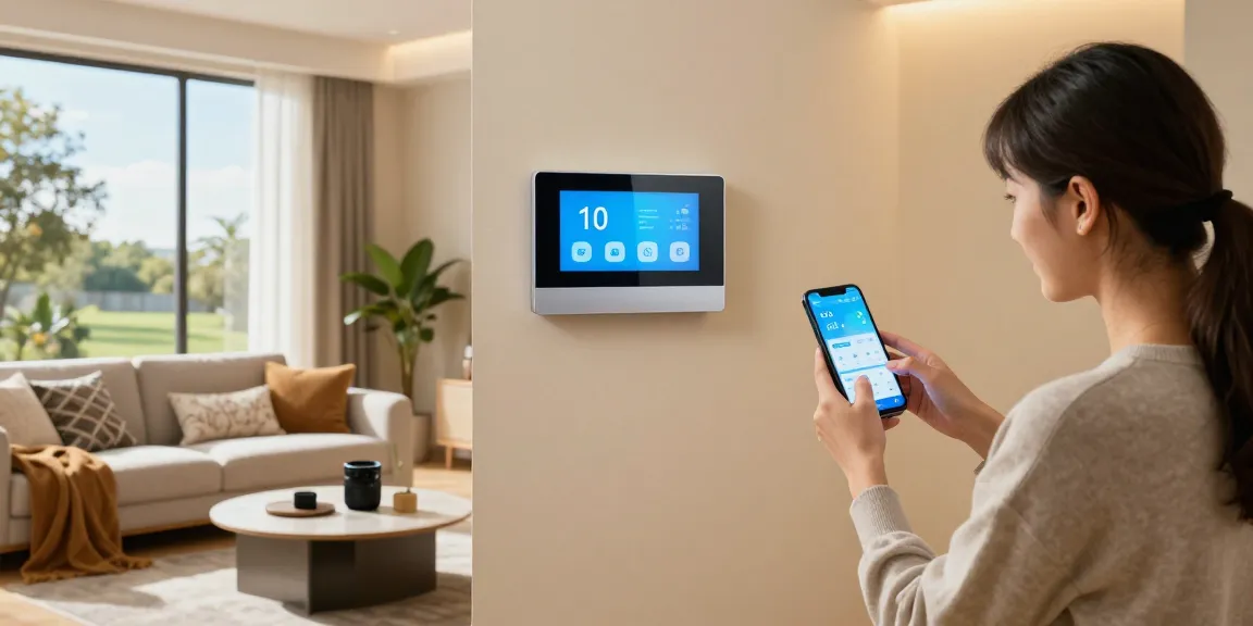 Smart thermostat in a cozy living room with a family interacting via mobile app, modern home automation.