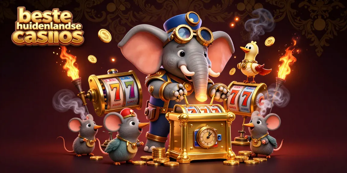 Engage in exciting games at beste buitenlandse casinos with a steampunk elephant operating a vibrant slot machine.
