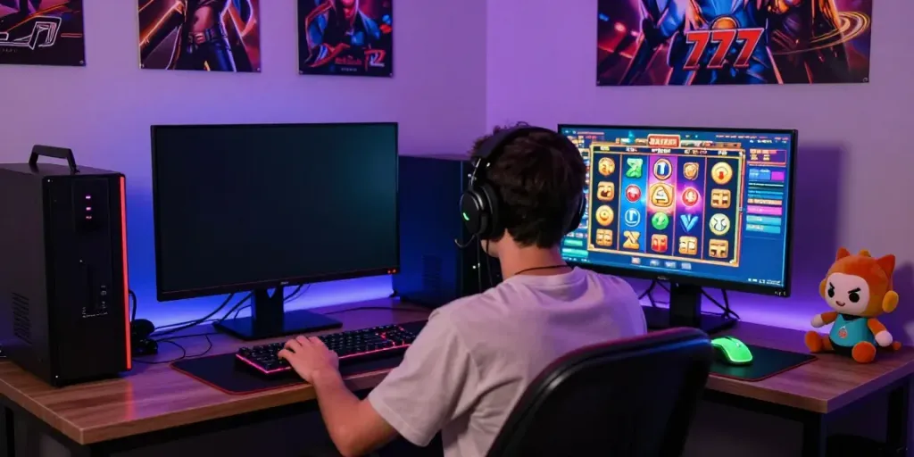 Gamer bermain slot777 dengan antusias di ruang yang modern dan stylish.