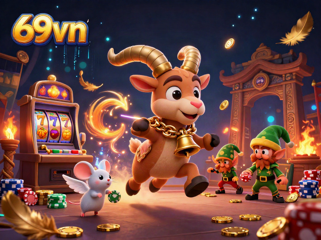 Engage with 69vn's festive casino scene, featuring a Krampus goat amid thrilling games.