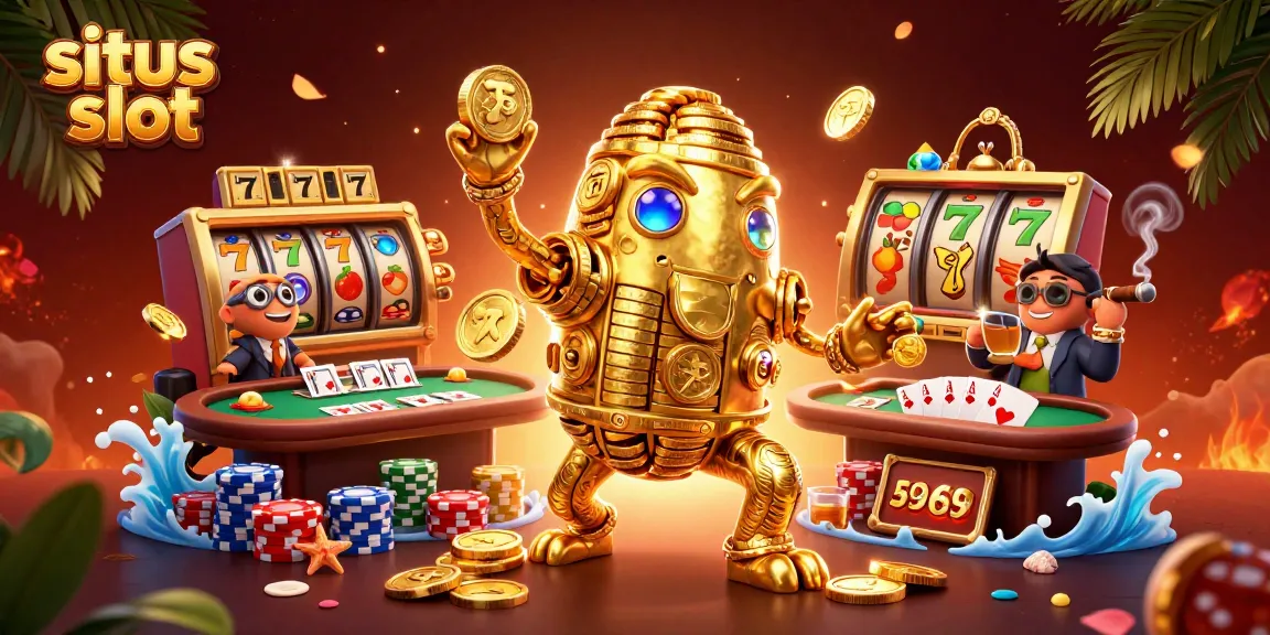 Menangkan jackpot di situs slot dengan golem emas dan simbol mesin slot yang menari.