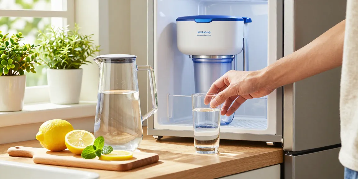 Waterdrop Alkaline DA97-17376B Water Filter in a bright kitchen scene, emphasizing fresh, healthy water hydration.