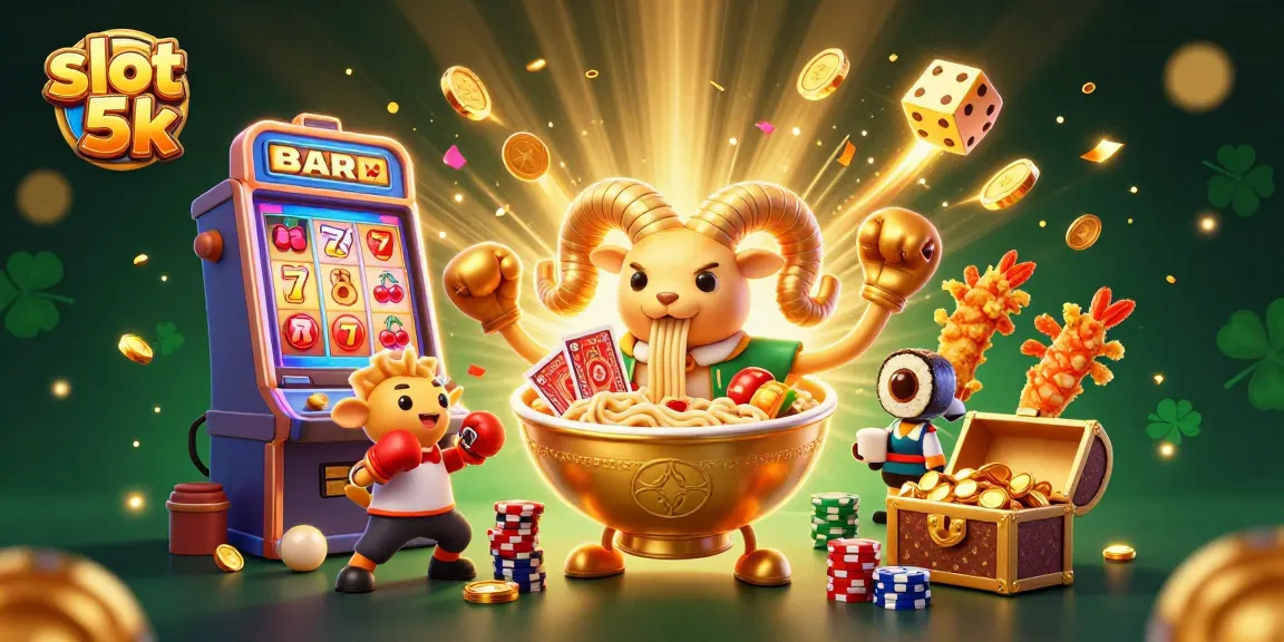 Experience slot 5k excitement with a vibrant casino scene filled with characters, jackpots, and festive elements.