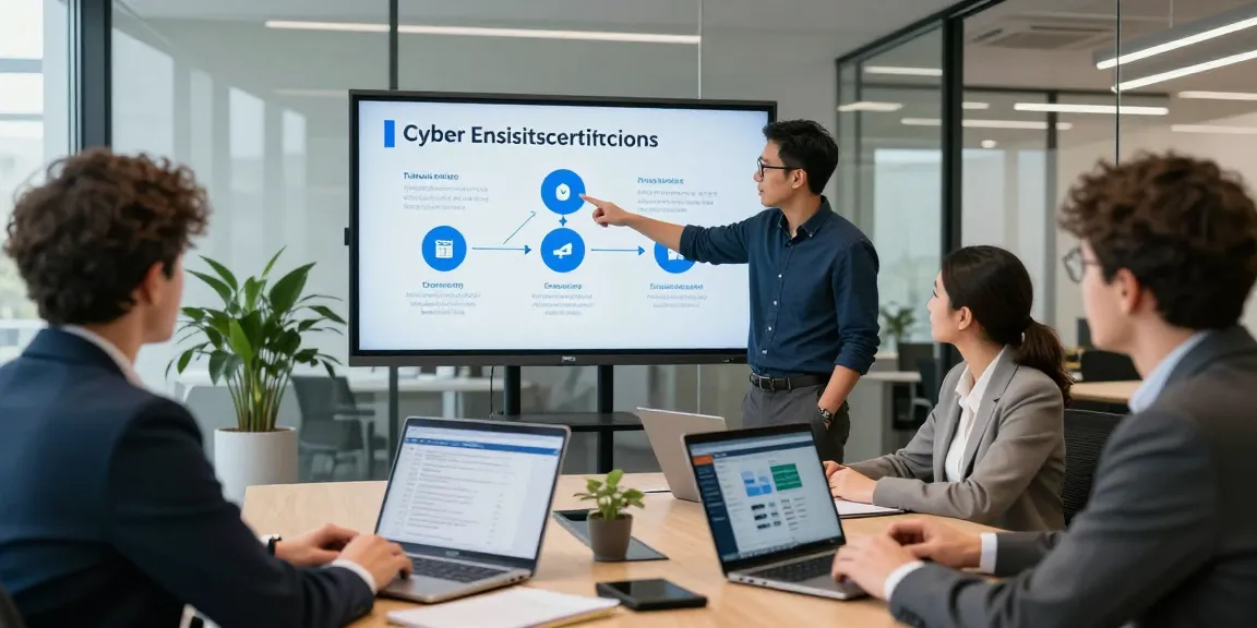 Getting Cyber Essentials certified through team collaboration in a modern office environment.
