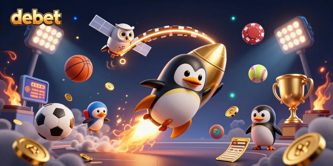 Bet on debet's gaming adventure with a penguin and casino elements dynamically soaring through space.
