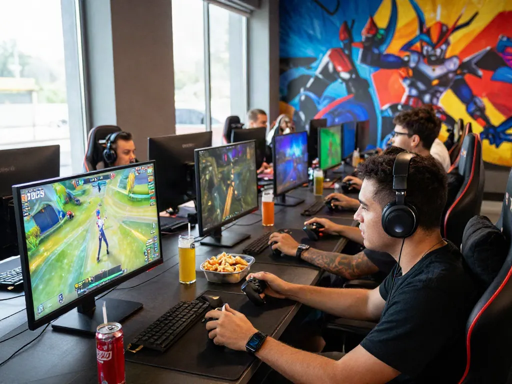Friends enjoying a competitive gaming session at rokok88's vibrant lounge.