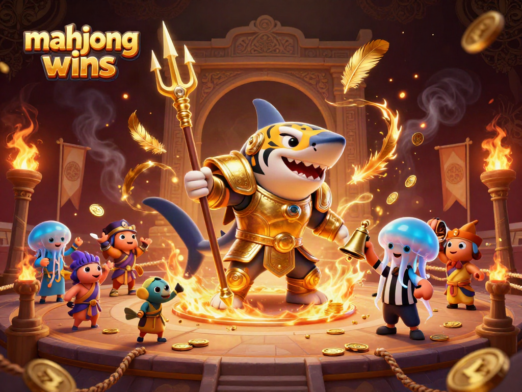Experience mahjong wins with thrilling underwater action featuring a gladiator shark in a dynamic casino scene.