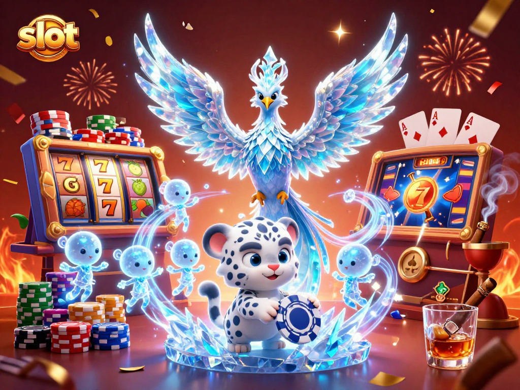 Engage in slots with vibrant visuals featuring lucky 7s, slot reels, and an ice phoenix.