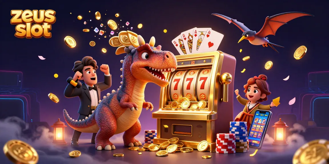 Experience the zeus slot excitement as dinosaurs celebrate jackpot wins with coins flying!