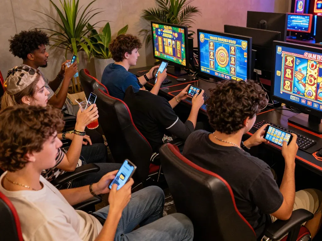 Players experiencing excitement at luxury12 online slots in a vibrant gaming lounge.