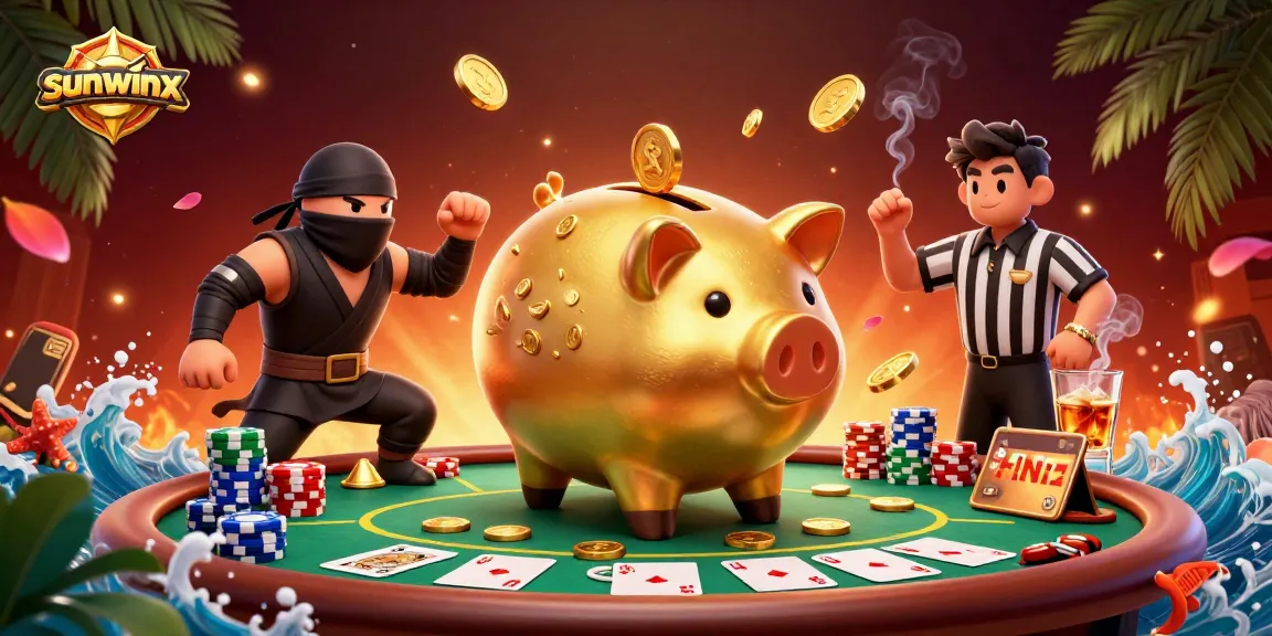 Engage in thrilling poker battles with sunwinx while competing against a colossal golden piggy bank sumo wrestler.