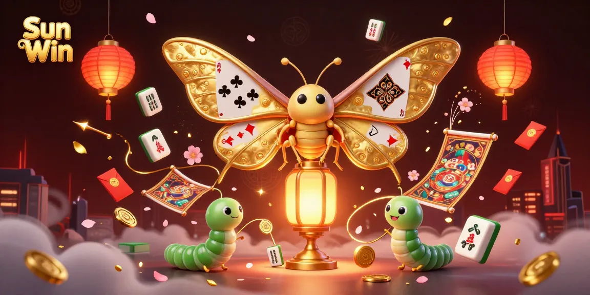 Engage in Sun Win with an enchanting 3D scene featuring card-playing atlas moths amidst casino themes.