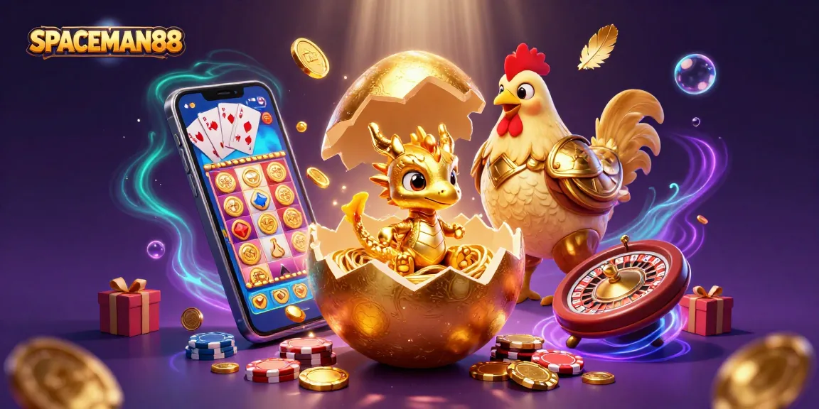 Experience thrilling gameplay with SPACEMAN88 as golden dragon and poker chips gather excitement.
