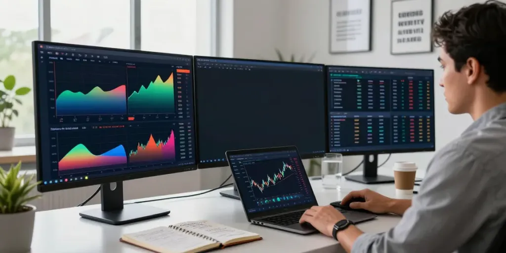 Professional trader using TradingView platform at a sleek finance workspace with multiple monitors and financial charts.