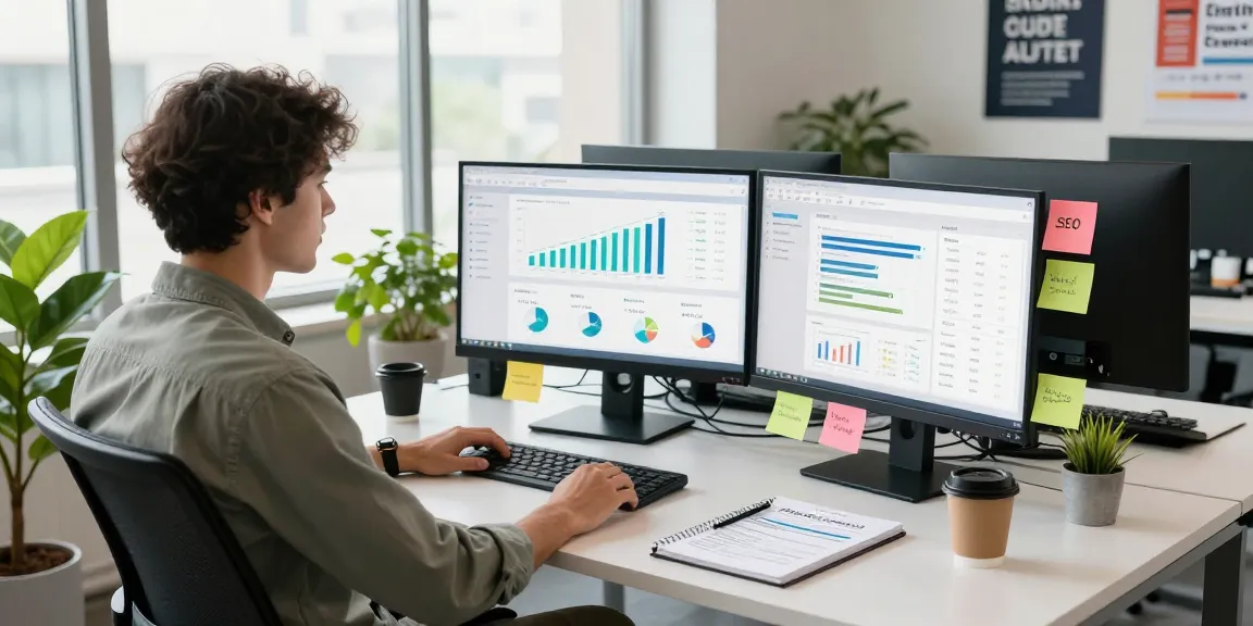 Professional workspace showcasing SEO backlink services analytics and strategies with multiple screens and notes.