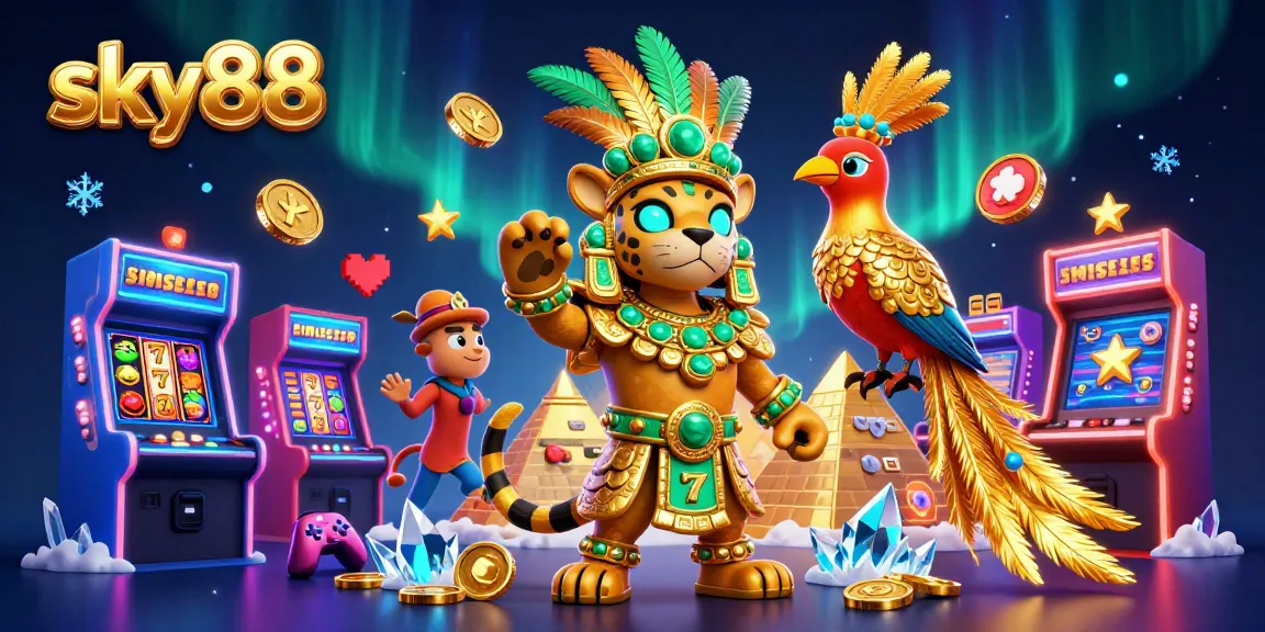 Engage with sky88's vibrant slot adventure featuring Mayan characters and dynamic casino elements.