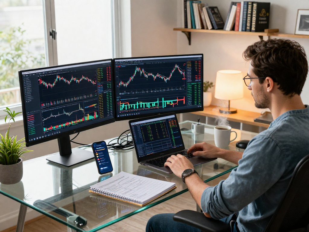 TradingView platform displayed on multiple screens in a professional trading workspace