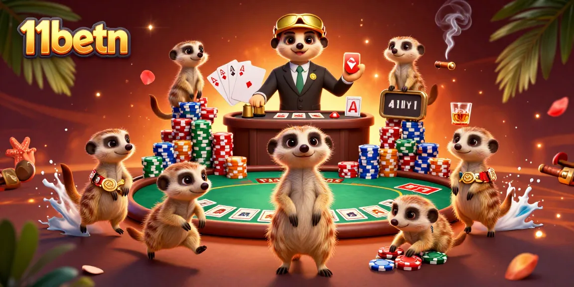 11betn meerkats managing a vibrant casino with poker tables and colorful chips in action.