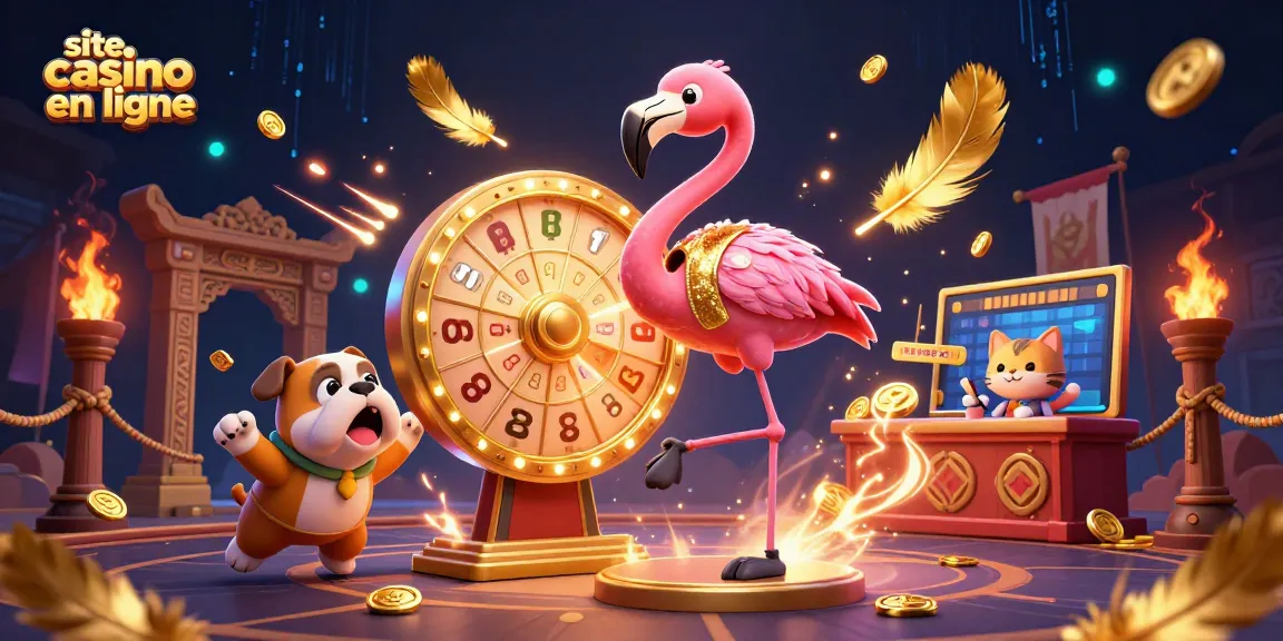 Illustration dynamique du site casino en ligne avec un flamant rose animateur et un bulldog excité.
