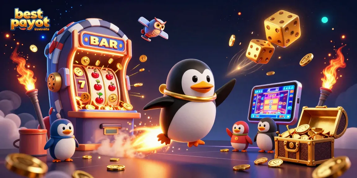 Experience the best payout casinos Australia with a golden penguin and jackpot treasures in this vibrant 3D illustration.