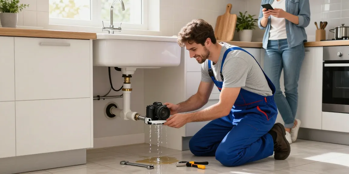 Plumber fixing an emergency leak for cuisines-a-flo.com in a cozy kitchen setting.