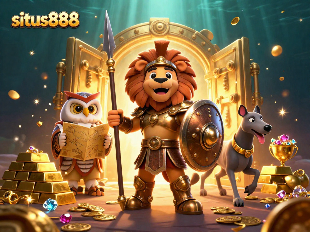 Situs888 showcases a vibrant 3D illustration of games with thrilling action and gold rewards, ideal for gamblers.