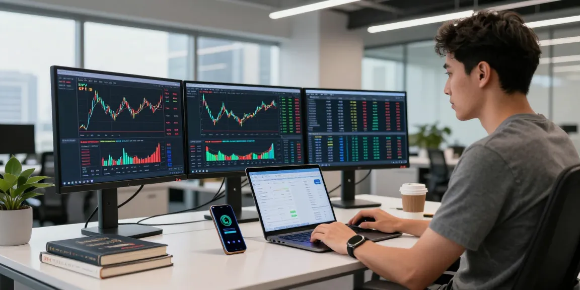 SPY stock trading environment featuring cryptocurrency charts and digital wallets in a professional office.