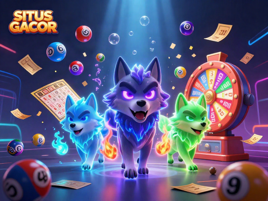 SITUS GACOR showcases a thrilling casino scene with vibrant lottery elements and energetic wolf spirits.