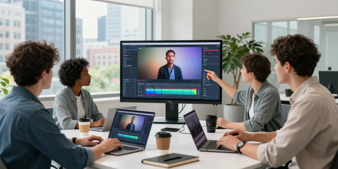 Team showcasing ai seedance 2.0 video capabilities in a modern office, highlighting creativity and collaboration.