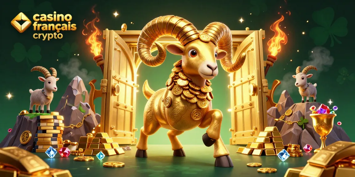 Jouez au casino français crypto avec cette illustration dynamique d'un bélier doré et des éléments de jeu captivants.