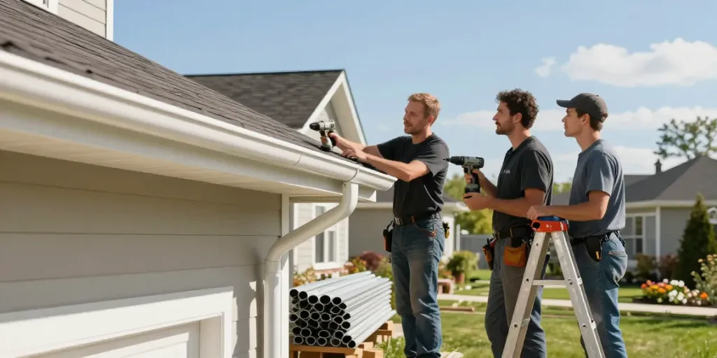 Spokane gutter company team installing seamless gutters on a residential home showcasing quality craftsmanship.