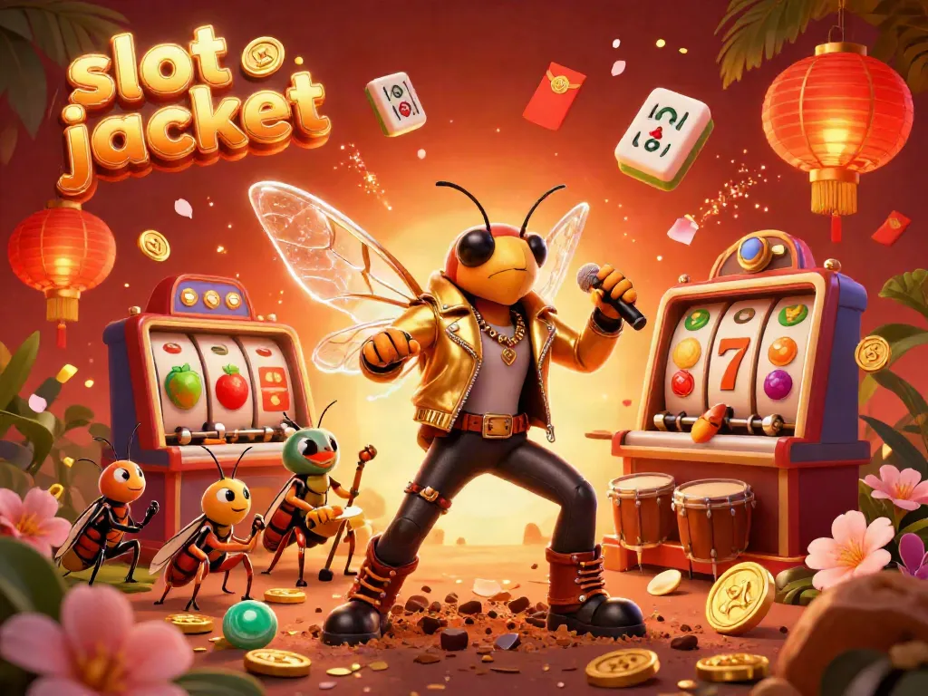 Experience excitement with the slot jackpot, featuring a rock star cicada and lively game elements.