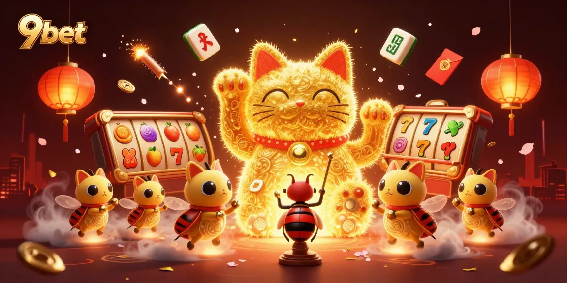 Engage with 9bet's vibrant casino scene featuring a lucky cat and dynamic slot elements.