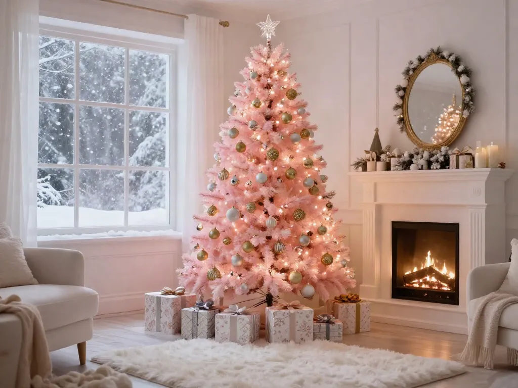 Elegant light pink Christmas tree adorned with lights and ornaments, set in a cozy living room.