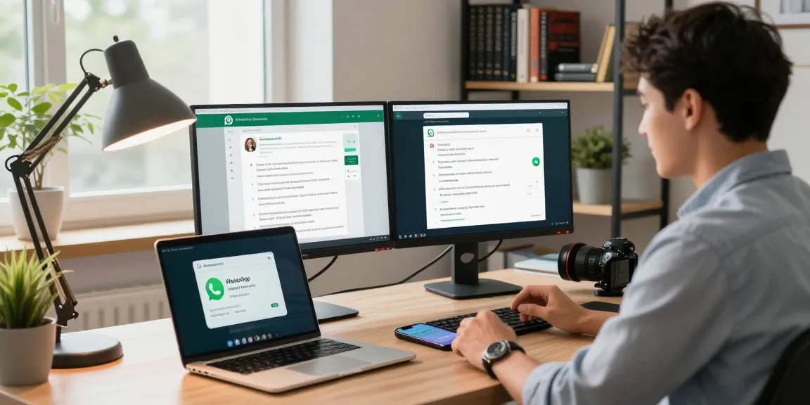 Professional using WhatsApp網頁版 in a modern tech workspace with monitors and a smartphone.