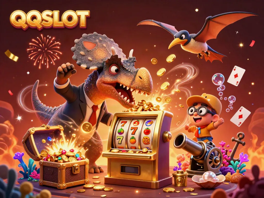 Experience thrilling action as QQSLOT’s cartoon characters celebrate jackpots and flying coins in a vibrant casino