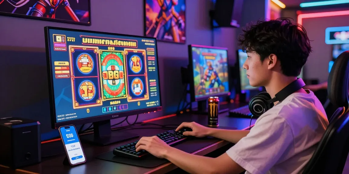 Exciting online gaming experience with slot games featuring deposit pulsa tanpa potongan options, young adult playing at a colorful desk setup.
