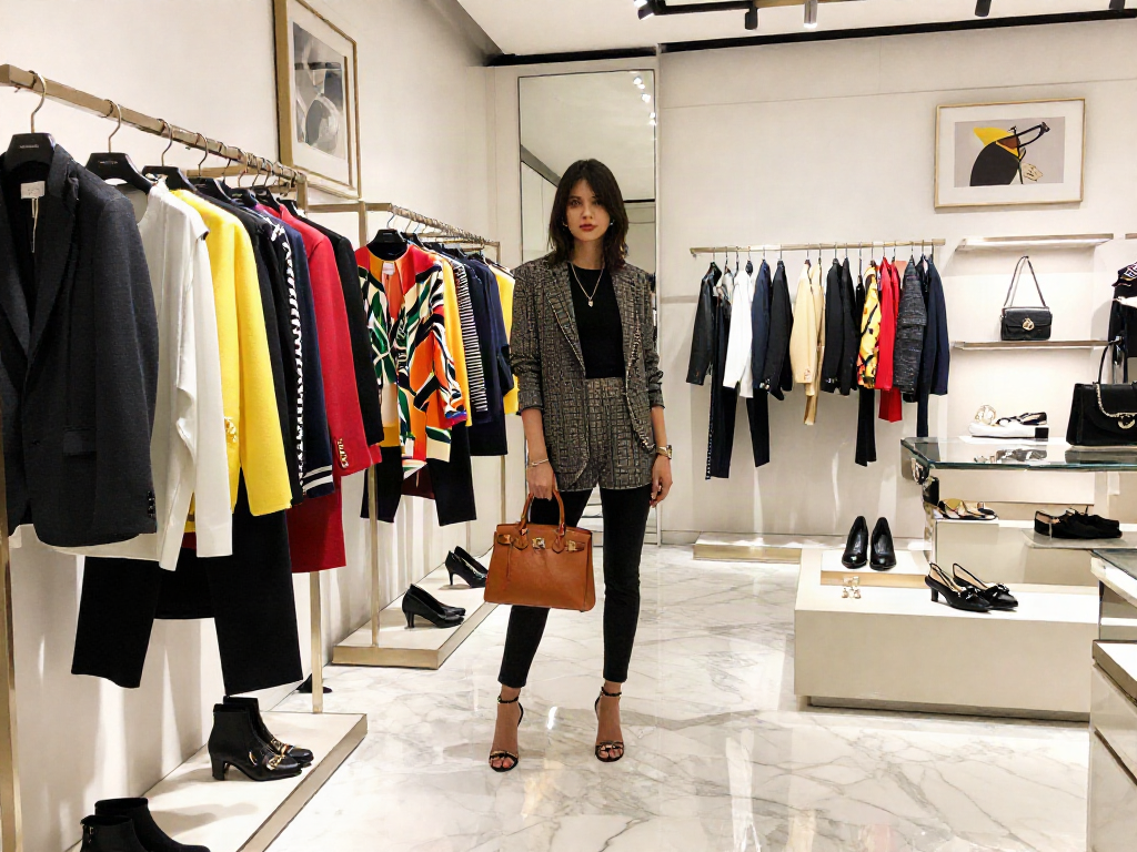 Model memamerkan fashion mewah luxury111 di butik modern, mengenakan pakaian desainer dan memegang tas elegan.