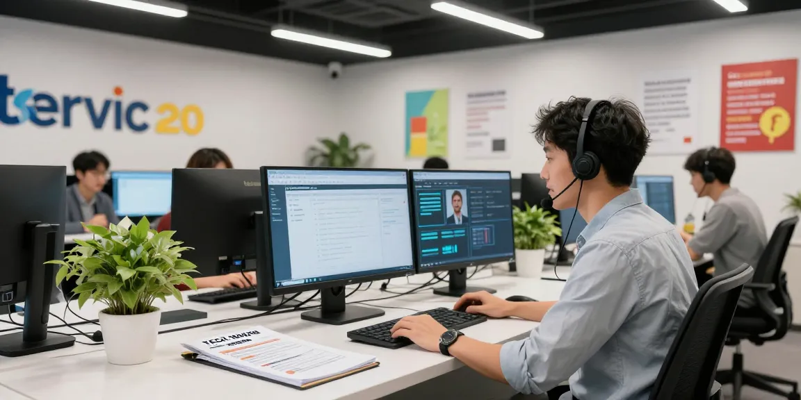 Customer service representative providing Telus-Technical-Support in a modern tech support center.